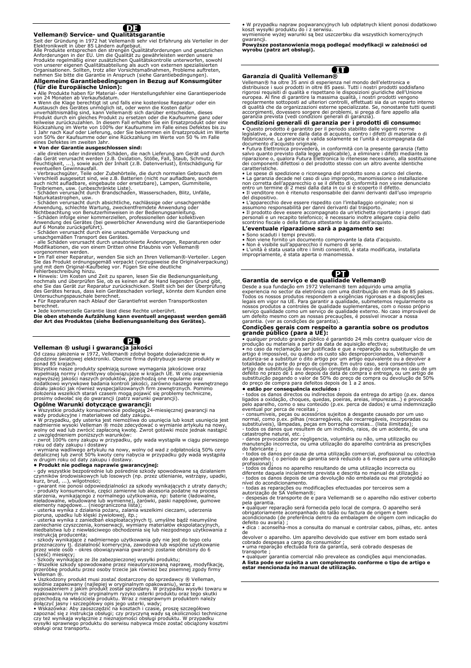 Garantie - de, Gwarancja - pl, Garanzia - it | Garantia - pt | Velleman VTSSC40N User Manual | Page 17 / 17