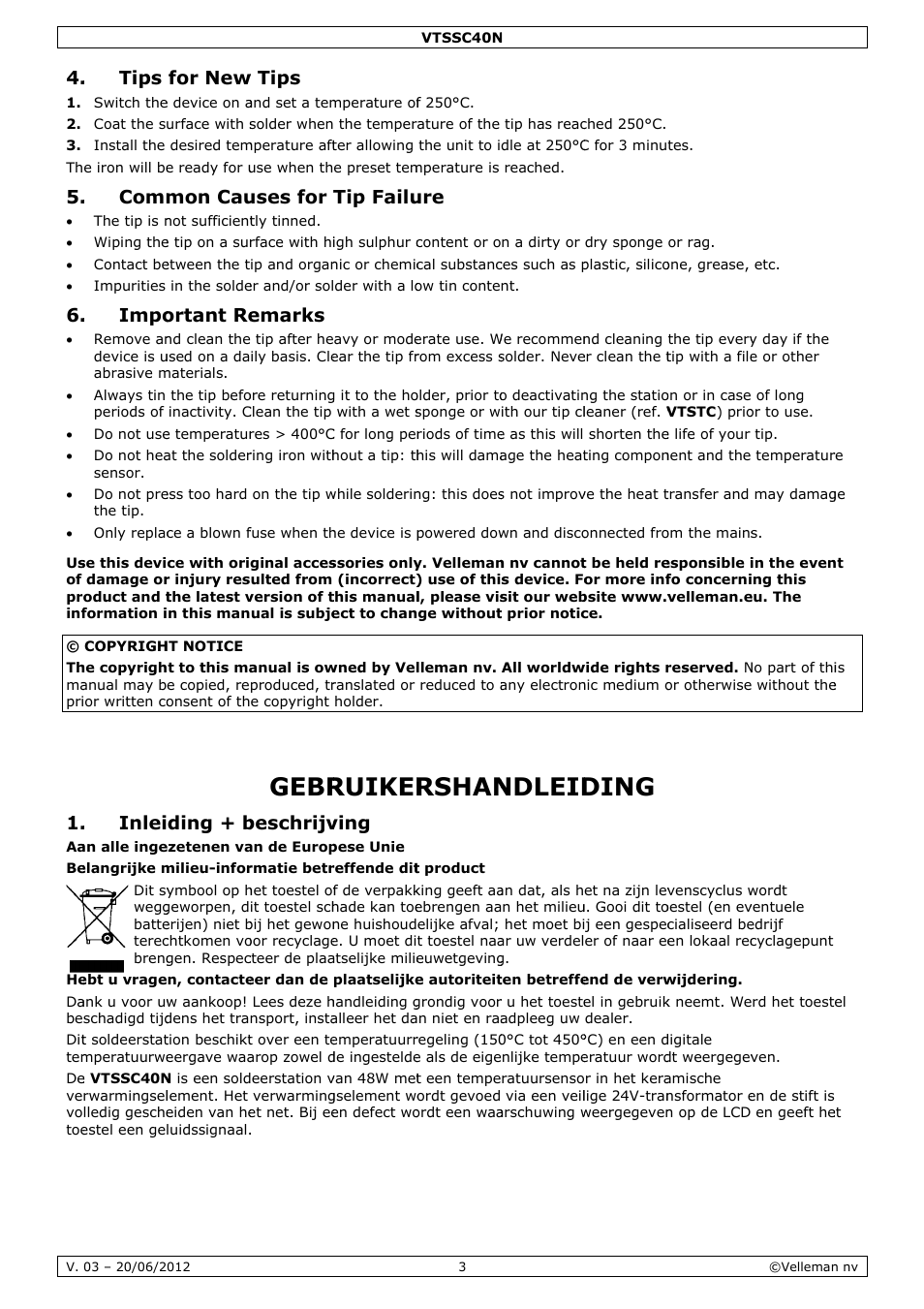 Gebruikershandleiding, Gebr, Ruiker | Rshan, Ndleid, Ding, Tips, Comm, Impo, Inlei | Velleman VTSSC40N User Manual | Page 3 / 17