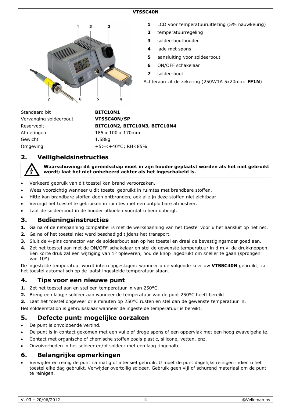 Veilig, Bedie, Tips | Defe, Belan, Gheidsin, Eningsin, Voor een, Cte punt, Ngrijke o | Velleman VTSSC40N User Manual | Page 4 / 17