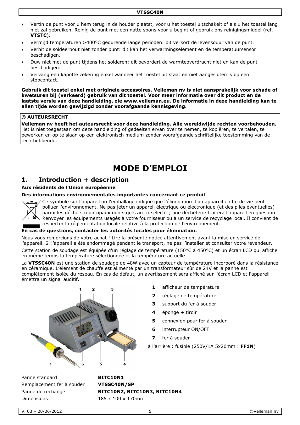 Mode d'emploi, Mode, E d’em | Mploi, Intro, Oduction, Descr, Ription | Velleman VTSSC40N User Manual | Page 5 / 17