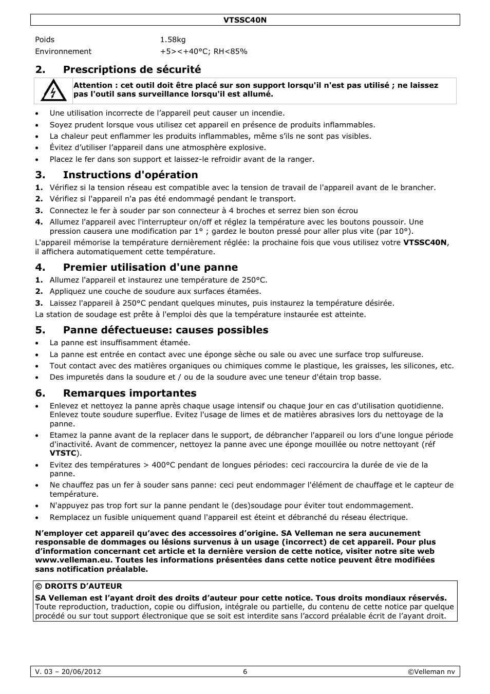 Presc, Instr, Prem | Pann, Rema, Criptions, Ructions, Mier utilis, Ne défect, Arques i | Velleman VTSSC40N User Manual | Page 6 / 17