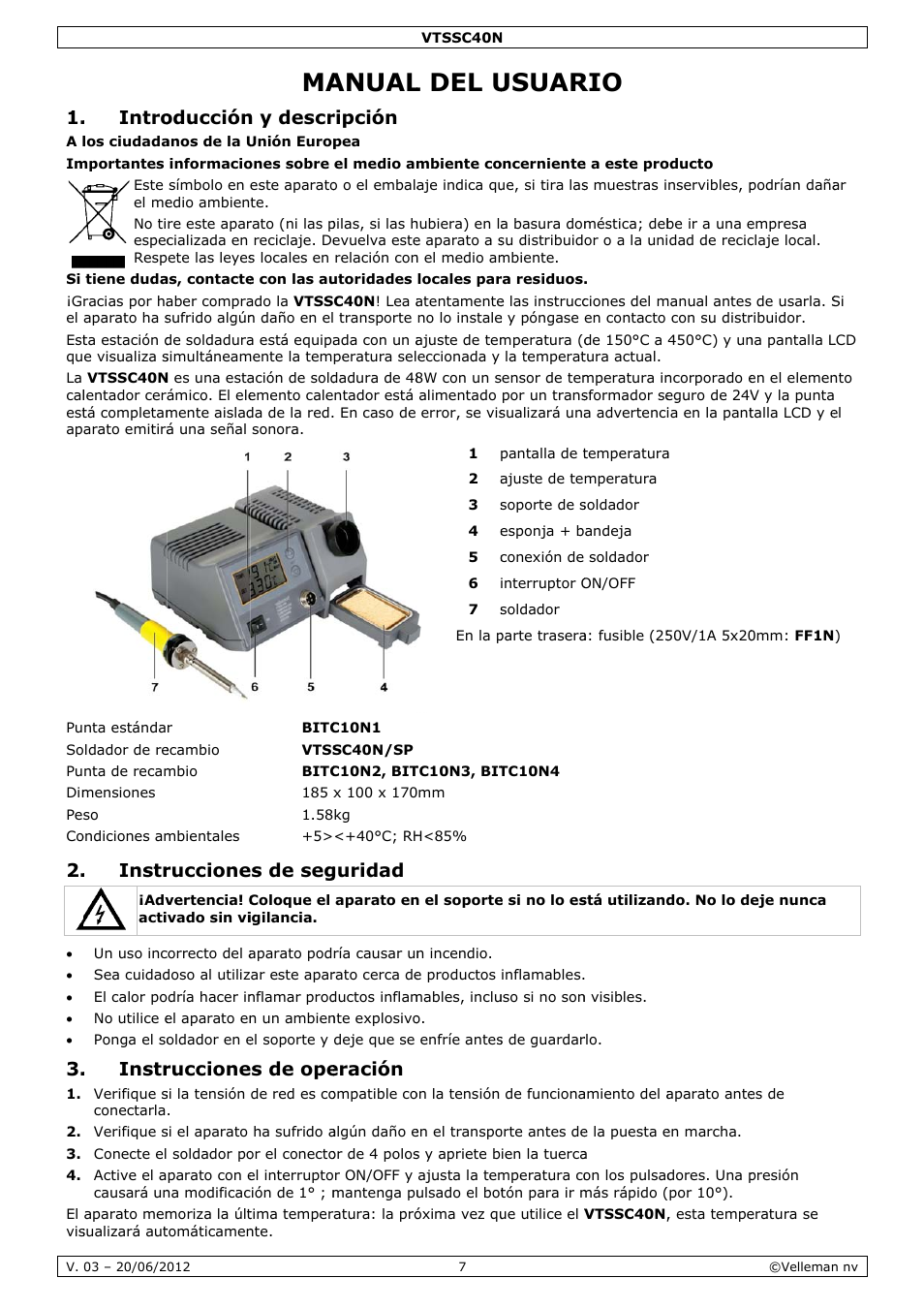 Manual del usuario, Anual, L del u | Usuar, Intro, Instr, Oducción, Ruccione, N y descr, S de seg | Velleman VTSSC40N User Manual | Page 7 / 17