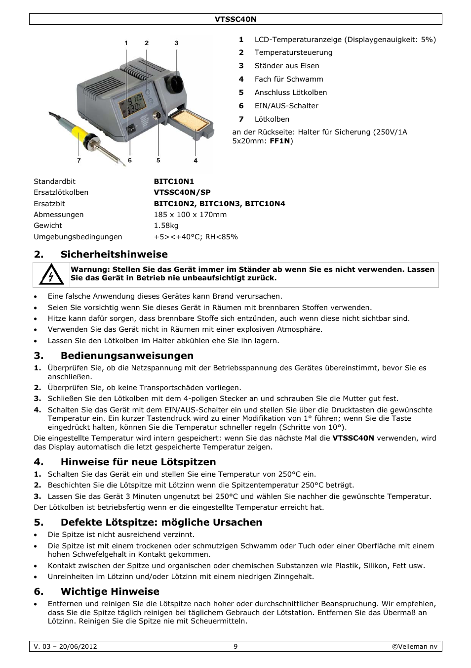 Siche, Bedie, Hinw | Defe, Wich, Erheitsh, Enungsa, Weise für, Kte löts, Htige hin | Velleman VTSSC40N User Manual | Page 9 / 17