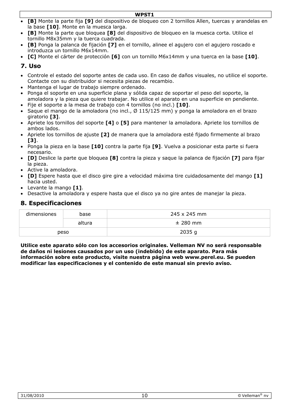 Especificaciones | Velleman WPST1 User Manual | Page 10 / 17