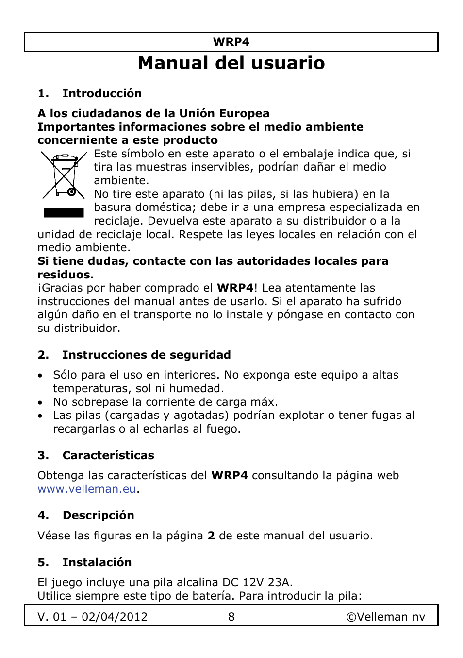 Manual del usuario | Velleman WRP4 User Manual | Page 8 / 15