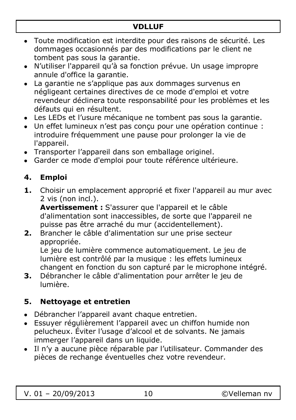 Emploi, Nettoyage et entretien | Velleman VDLLUF User Manual | Page 10 / 23
