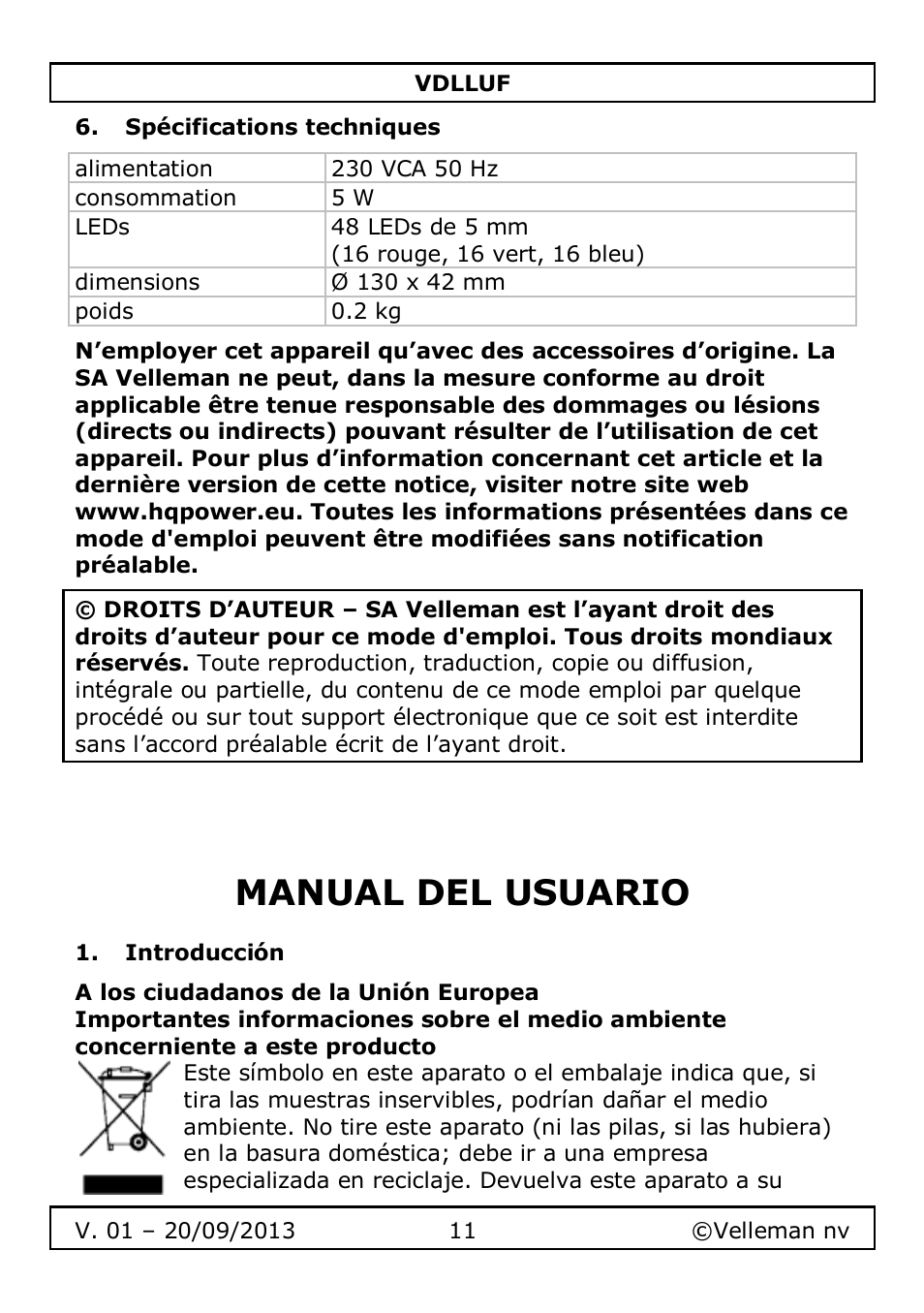 Spécifications techniques, Manual del usuario, Introducción | Velleman VDLLUF User Manual | Page 11 / 23