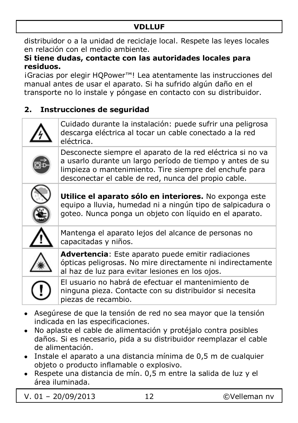 Instrucciones de seguridad | Velleman VDLLUF User Manual | Page 12 / 23