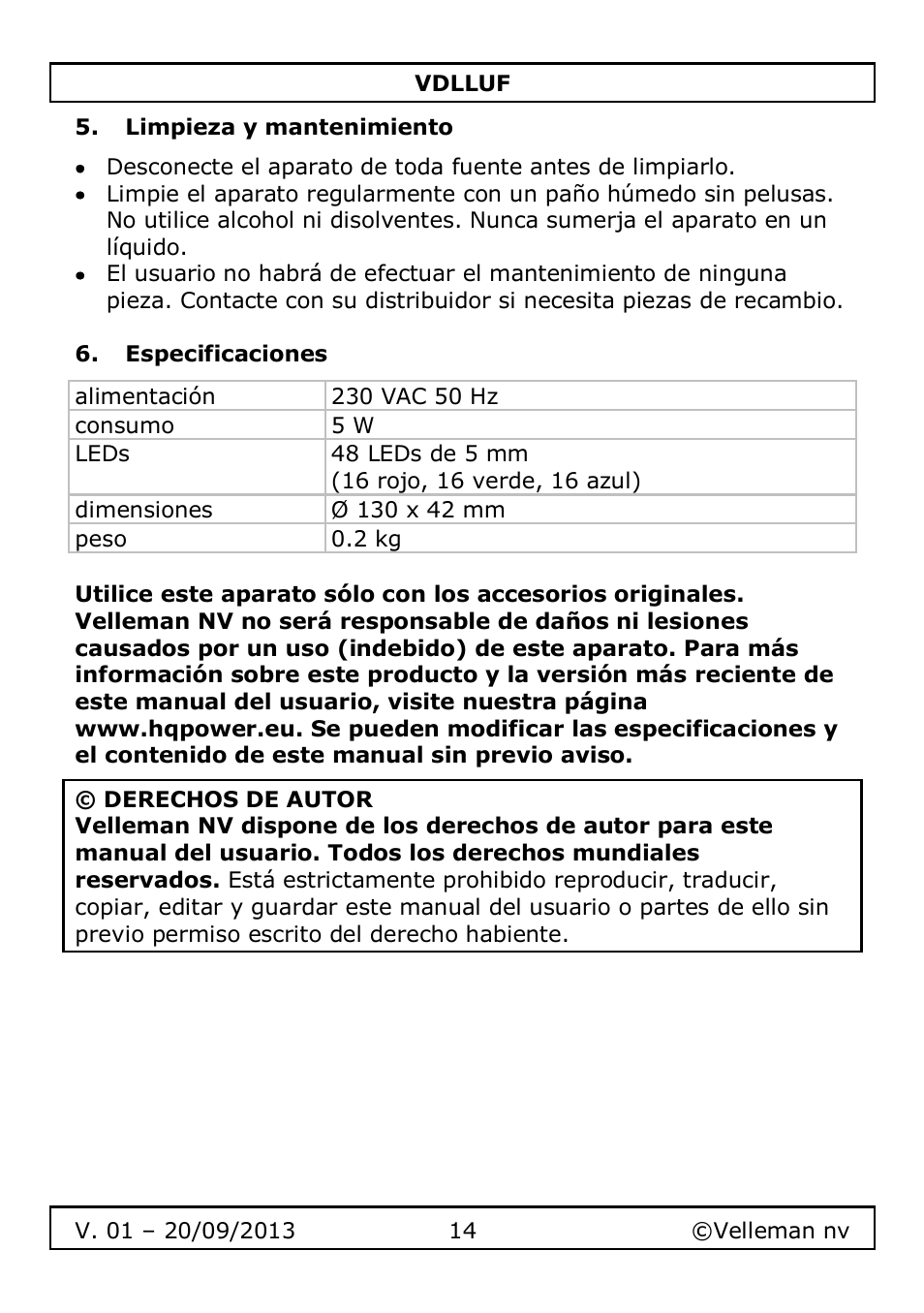Limpieza y mantenimiento, Especificaciones | Velleman VDLLUF User Manual | Page 14 / 23
