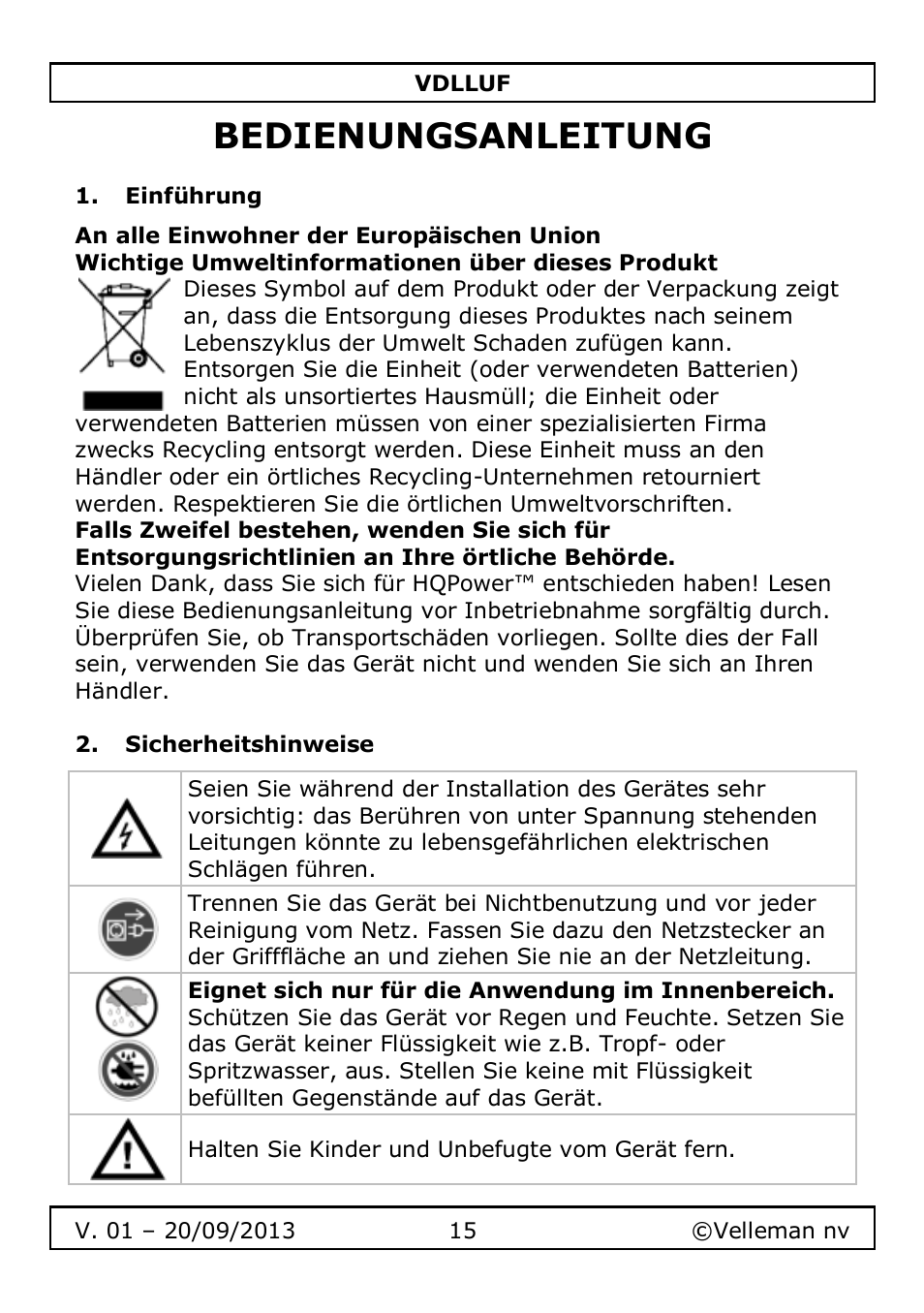 Bedienungsanleitung, Einführung, Sicherheitshinweise | Velleman VDLLUF User Manual | Page 15 / 23