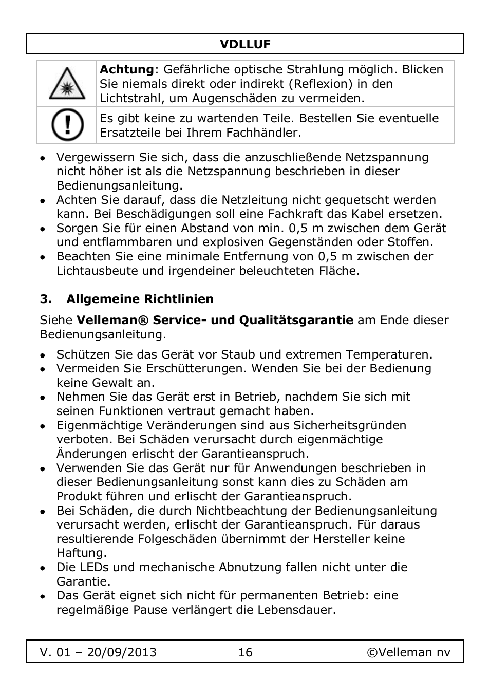 Allgemeine richtlinien | Velleman VDLLUF User Manual | Page 16 / 23