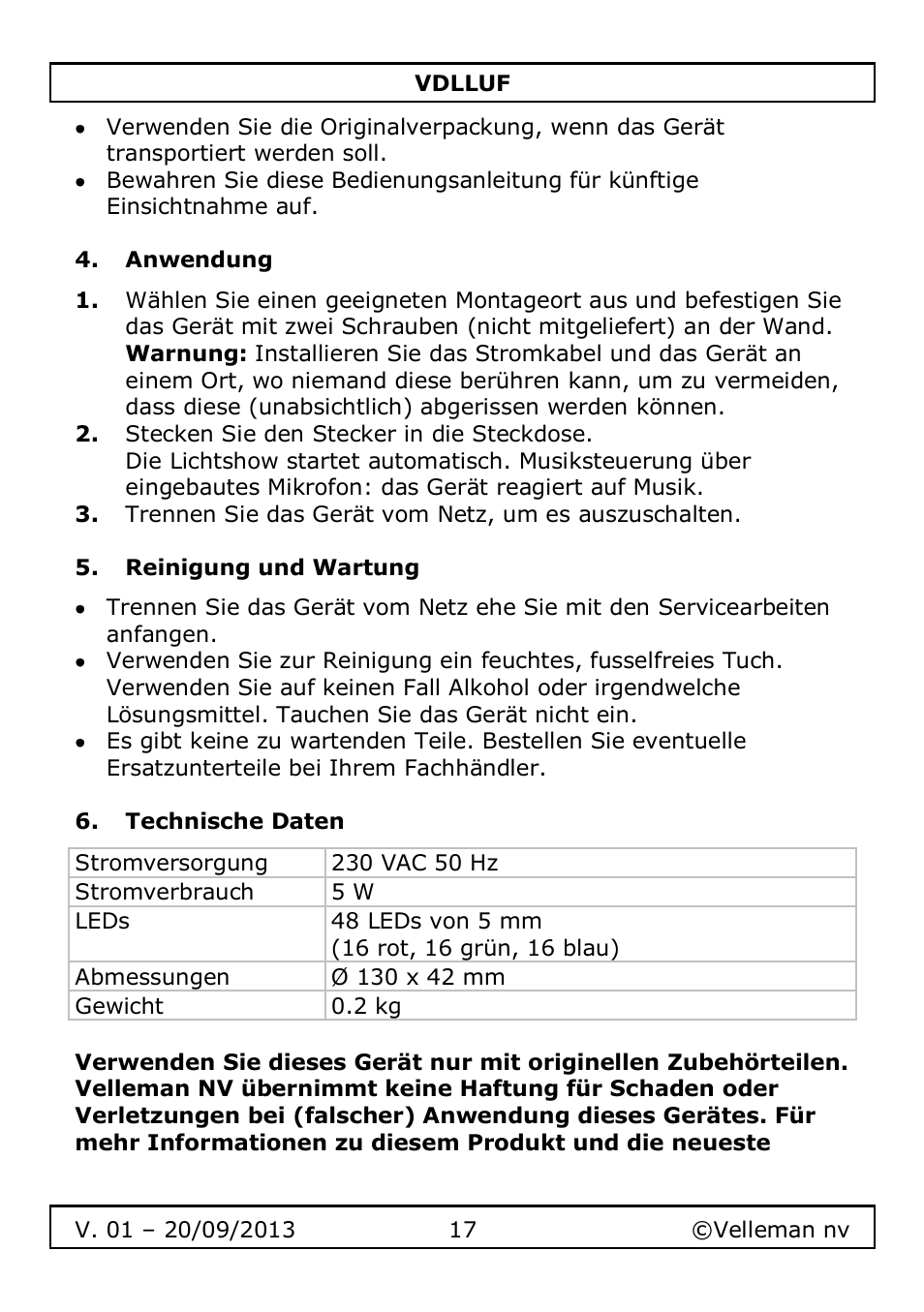 Anwendung, Reinigung und wartung, Technische daten | Velleman VDLLUF User Manual | Page 17 / 23
