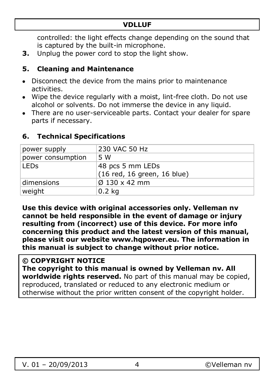 Cleaning and maintenance, Technical specifications | Velleman VDLLUF User Manual | Page 4 / 23