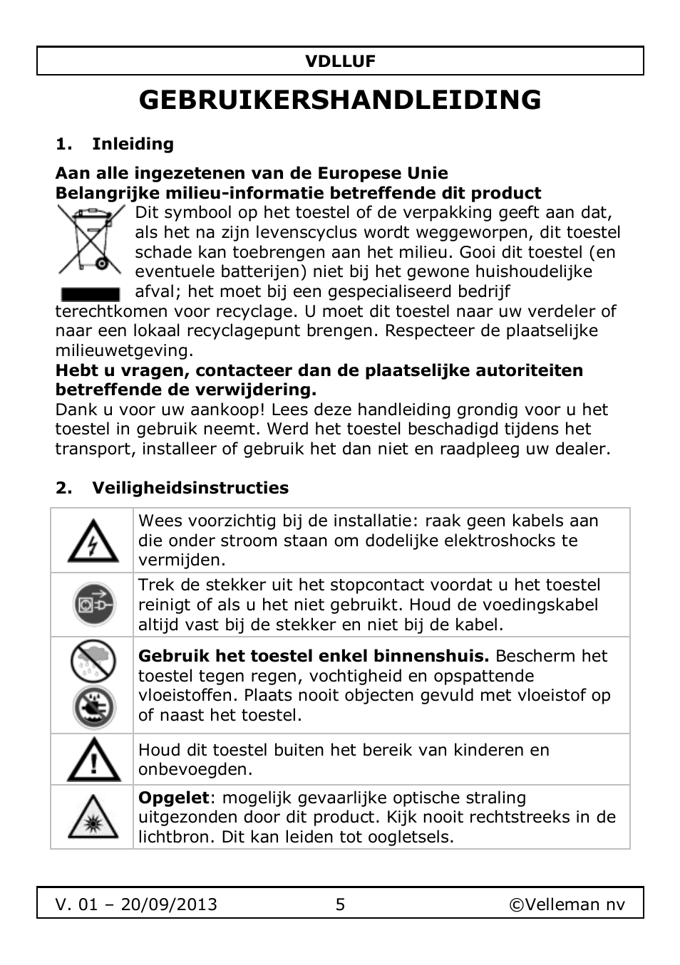 Gebruikershandleiding, Inleiding, Veiligheidsinstructies | Velleman VDLLUF User Manual | Page 5 / 23