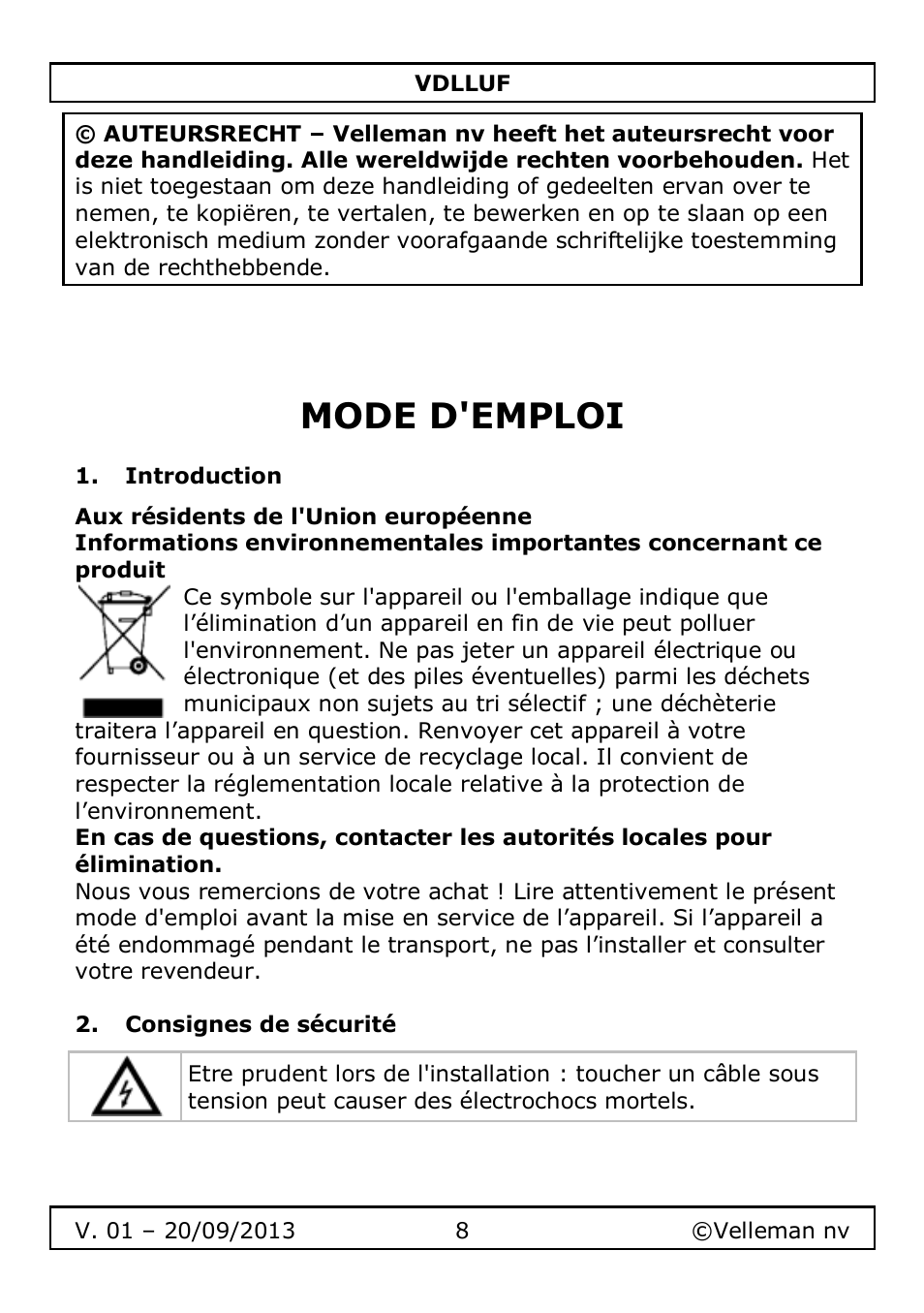 Mode d'emploi, Introduction, Consignes de sécurité | Velleman VDLLUF User Manual | Page 8 / 23