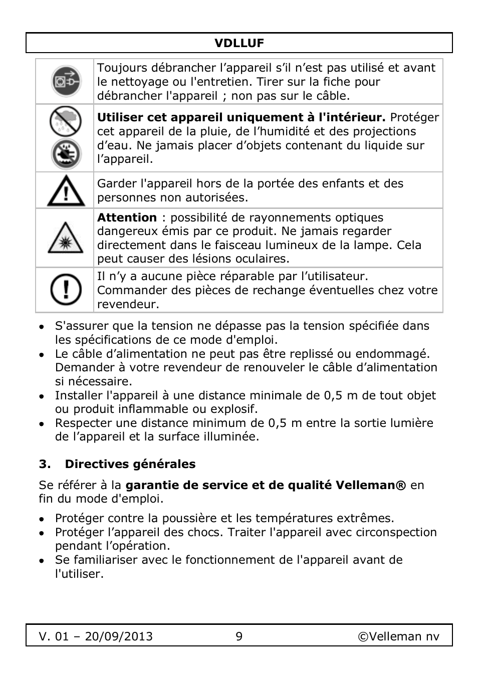 Directives générales | Velleman VDLLUF User Manual | Page 9 / 23