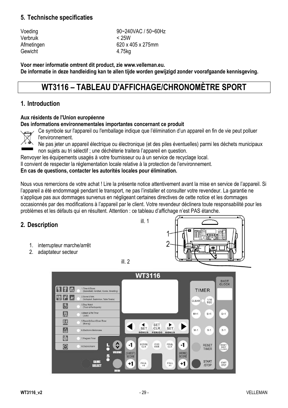 Wt3116 – tableau d'affichage/chronomètre sport | Velleman WT3116 User Manual | Page 29 / 78