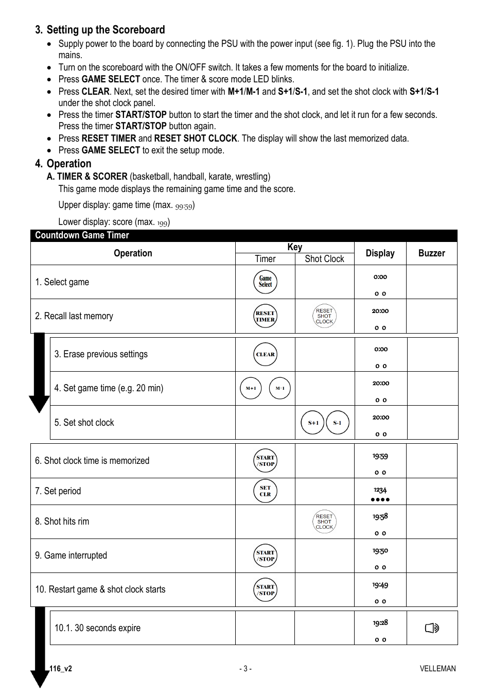Setting up the scoreboard, Operation | Velleman WT3116 User Manual | Page 3 / 78