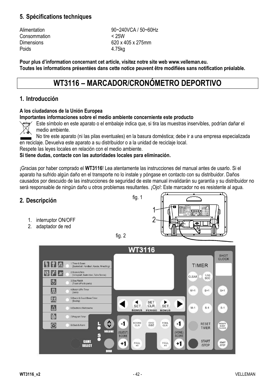 Wt3116 – marcador/cronómetro deportivo | Velleman WT3116 User Manual | Page 42 / 78