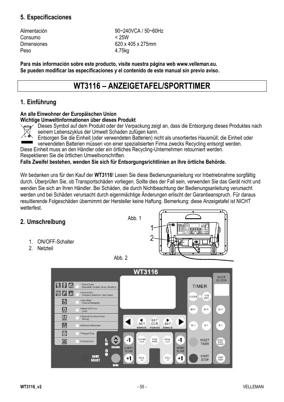 Wt3116 – anzeigetafel/sporttimer | Velleman WT3116 User Manual | Page 55 / 78