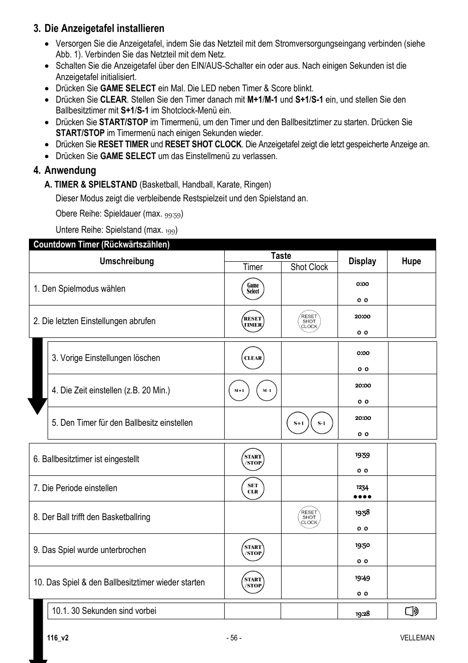 Die anzeigetafel installieren, Anwendung | Velleman WT3116 User Manual | Page 56 / 78