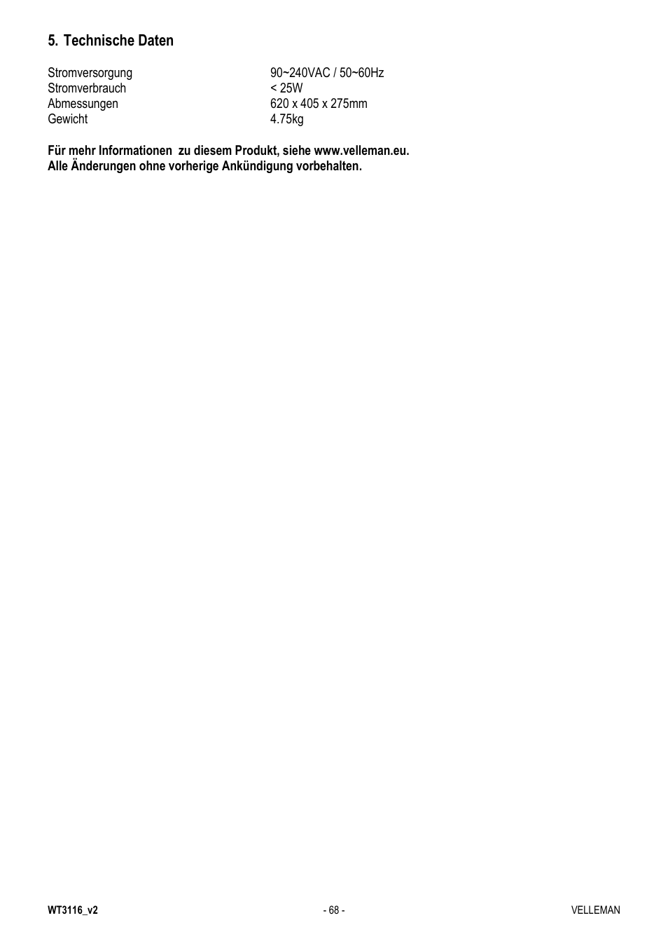 Technische daten | Velleman WT3116 User Manual | Page 68 / 78
