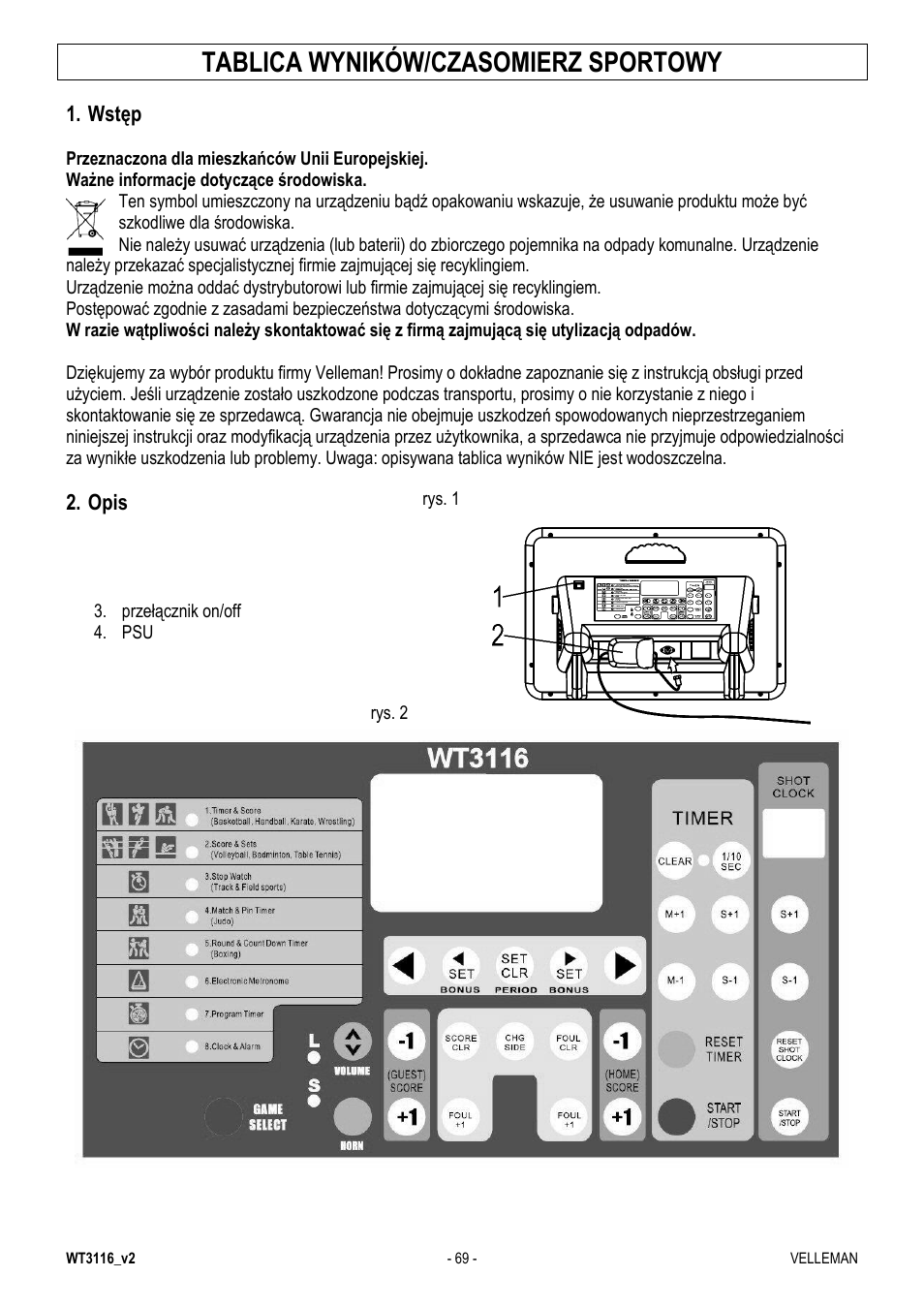 Tablica wyników/czasomierz sportowy | Velleman WT3116 User Manual | Page 69 / 78