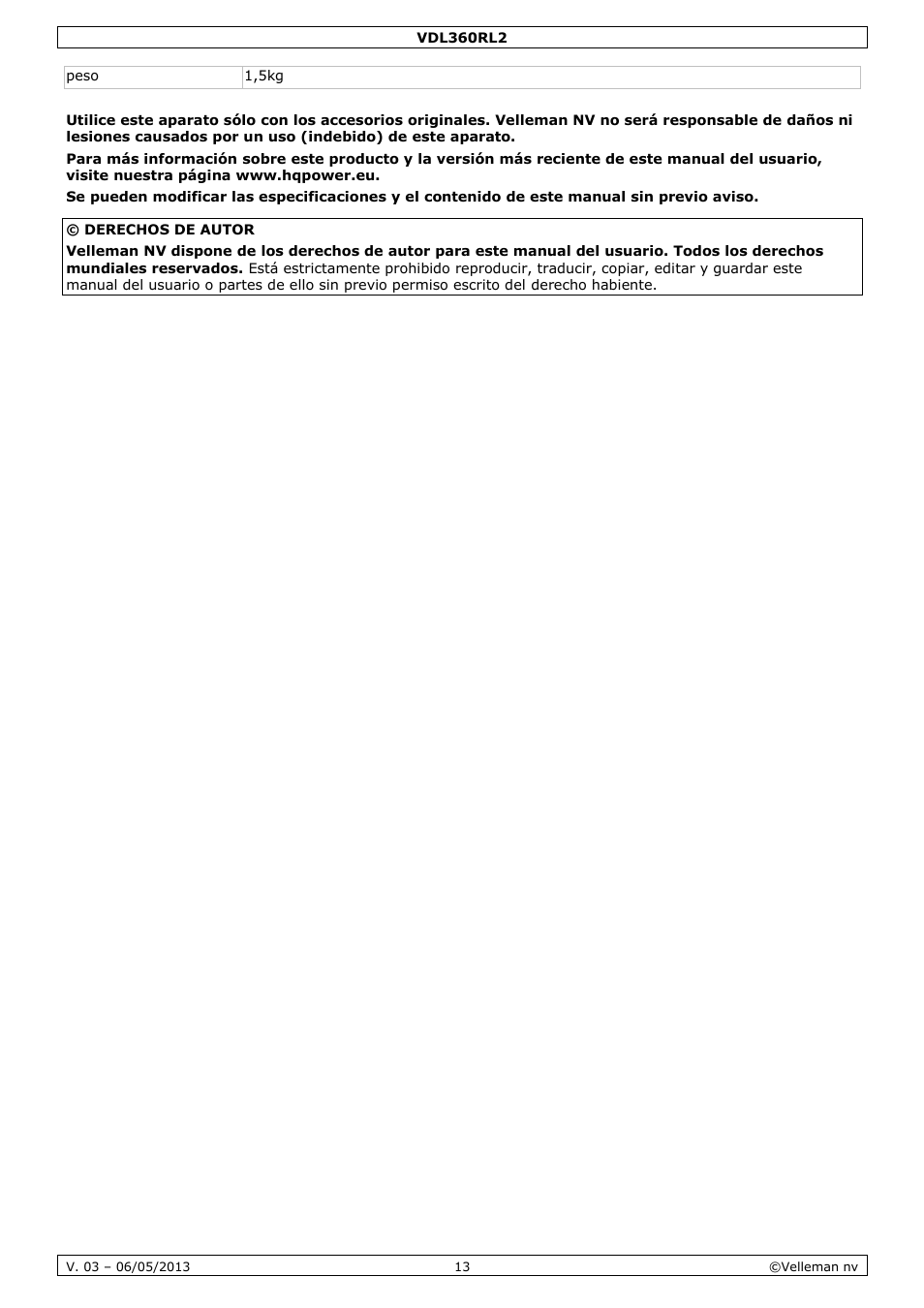 Velleman VDL360RL2 User Manual | Page 13 / 18