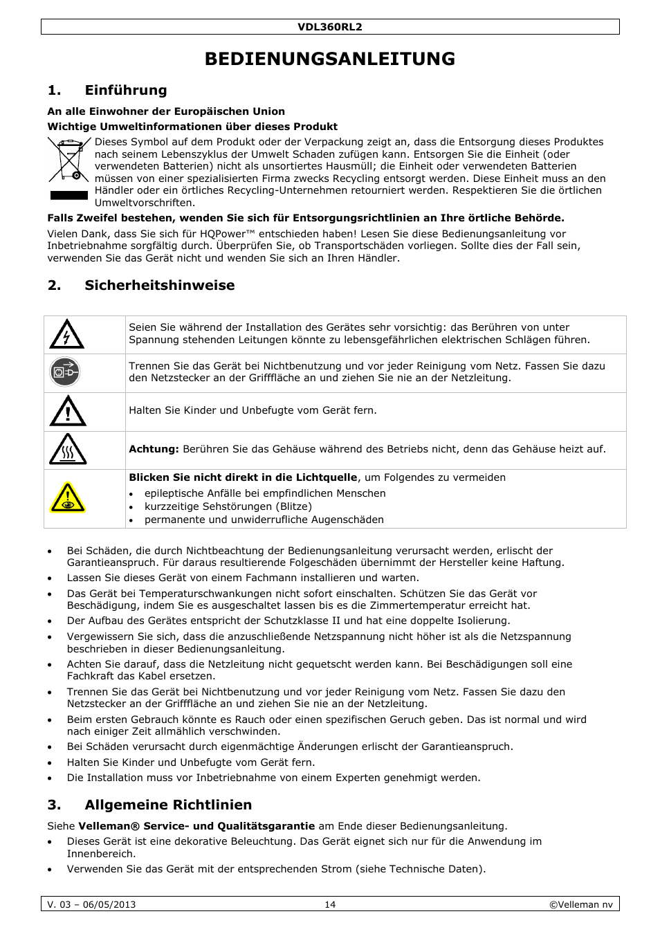 Bedienungsanleitung, Einführung, Sicherheitshinweise | Allgemeine richtlinien | Velleman VDL360RL2 User Manual | Page 14 / 18
