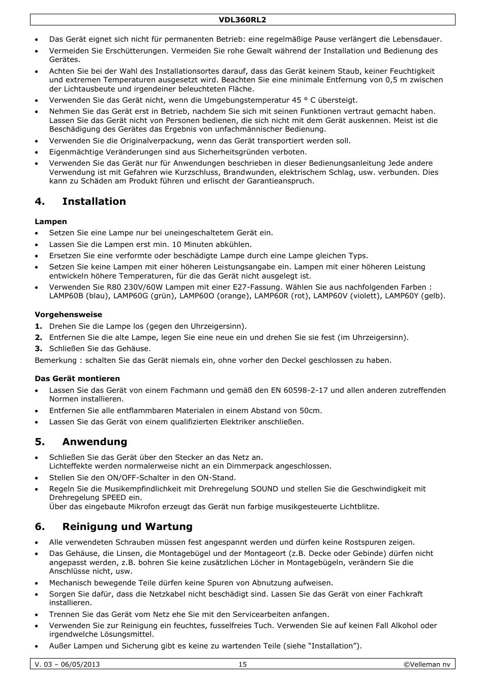 Installation, Lampen, Vorgehensweise | Das gerät montieren, Anwendung, Reinigung und wartung | Velleman VDL360RL2 User Manual | Page 15 / 18