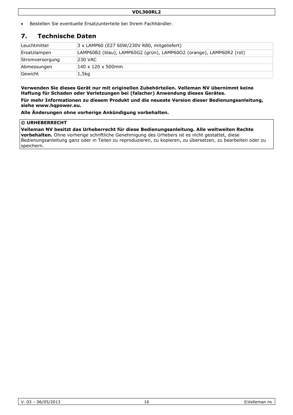 Technische daten, Warranty - garantie - garantia | Velleman VDL360RL2 User Manual | Page 16 / 18