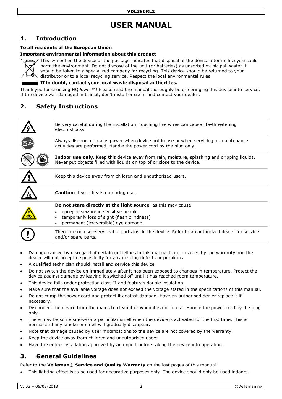 User manual, Introduction, Safety instructions | General guidelines | Velleman VDL360RL2 User Manual | Page 2 / 18
