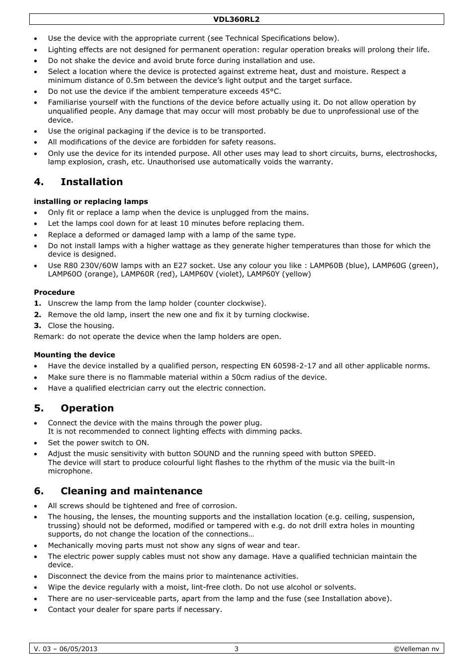 Installation, Installing or replacing lamps, Procedure | Mounting the device, Operation, Cleaning and maintenance | Velleman VDL360RL2 User Manual | Page 3 / 18