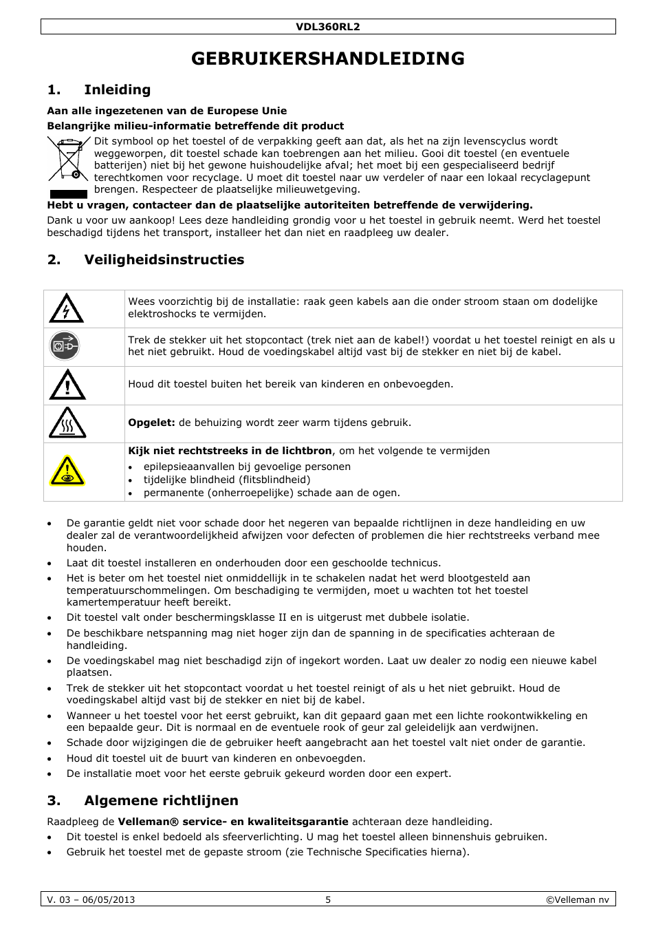 Gebruikershandleiding, Inleiding, Veiligheidsinstructies | Algemene richtlijnen | Velleman VDL360RL2 User Manual | Page 5 / 18