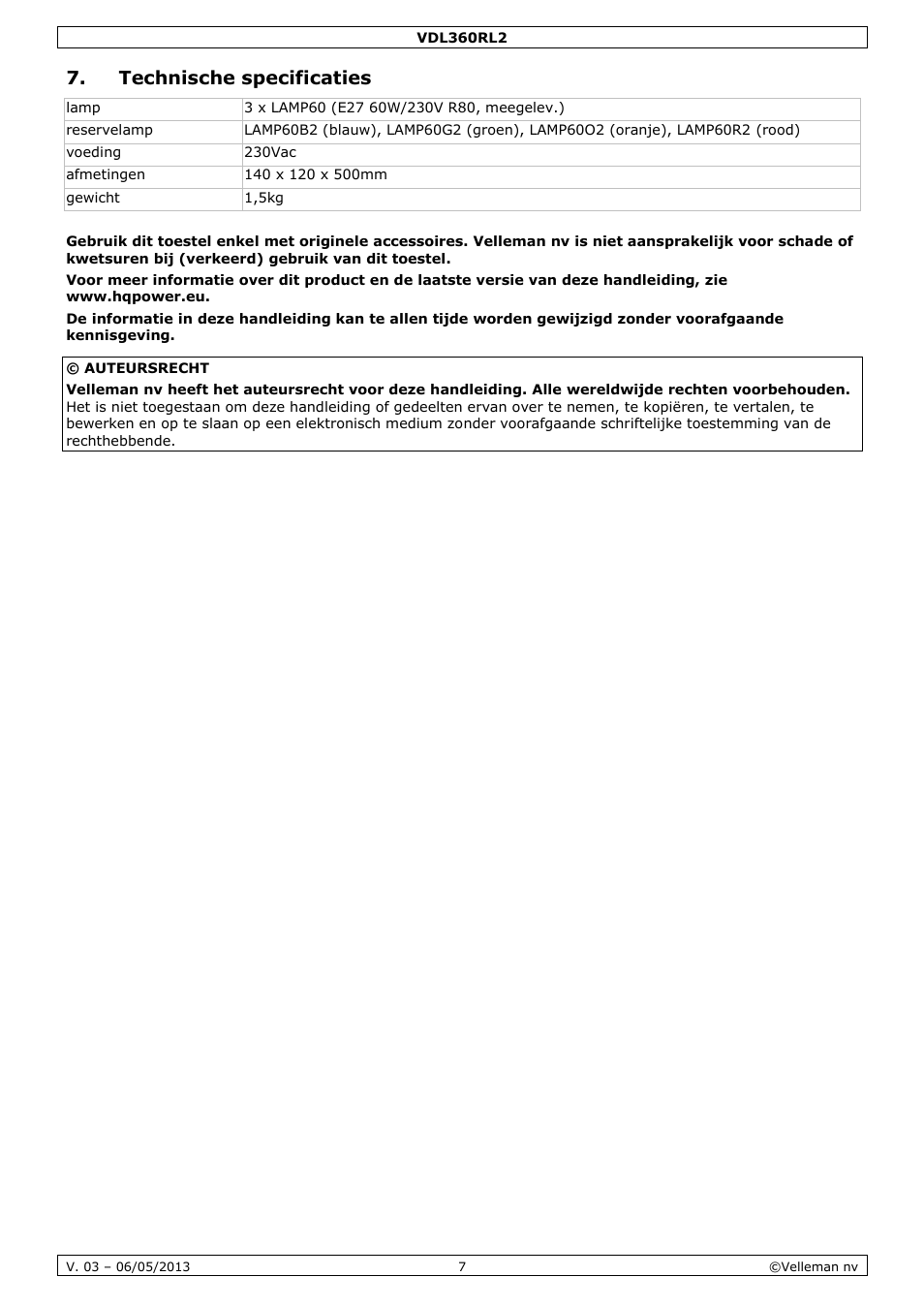 Technische specificaties | Velleman VDL360RL2 User Manual | Page 7 / 18