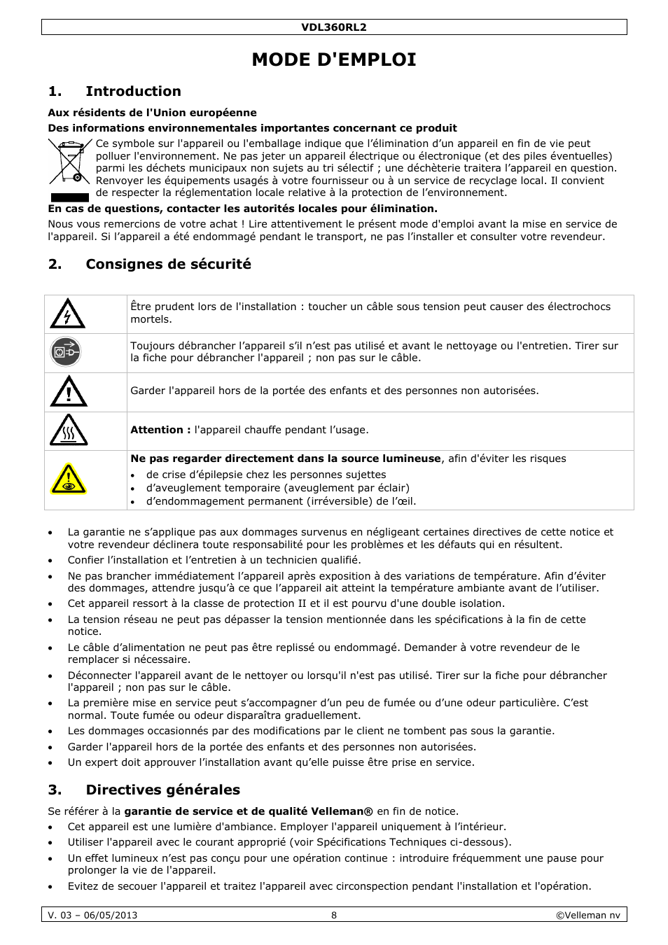 Mode d'emploi, Introduction, Consignes de sécurité | Directives générales | Velleman VDL360RL2 User Manual | Page 8 / 18