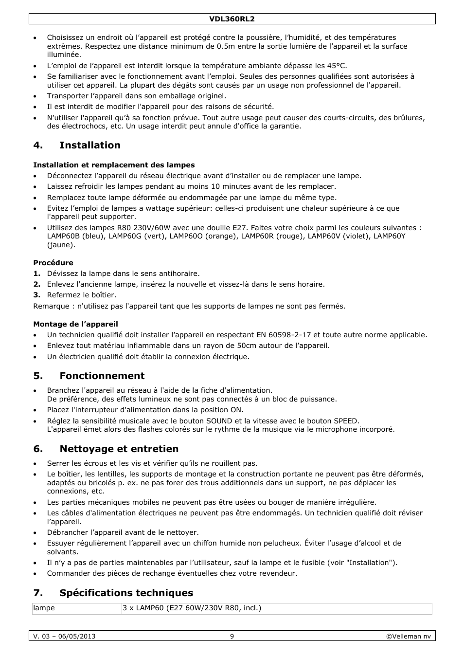 Installation, Installation et remplacement des lampes, Procédure | Montage de l’appareil, Fonctionnement, Nettoyage et entretien, Spécifications techniques | Velleman VDL360RL2 User Manual | Page 9 / 18