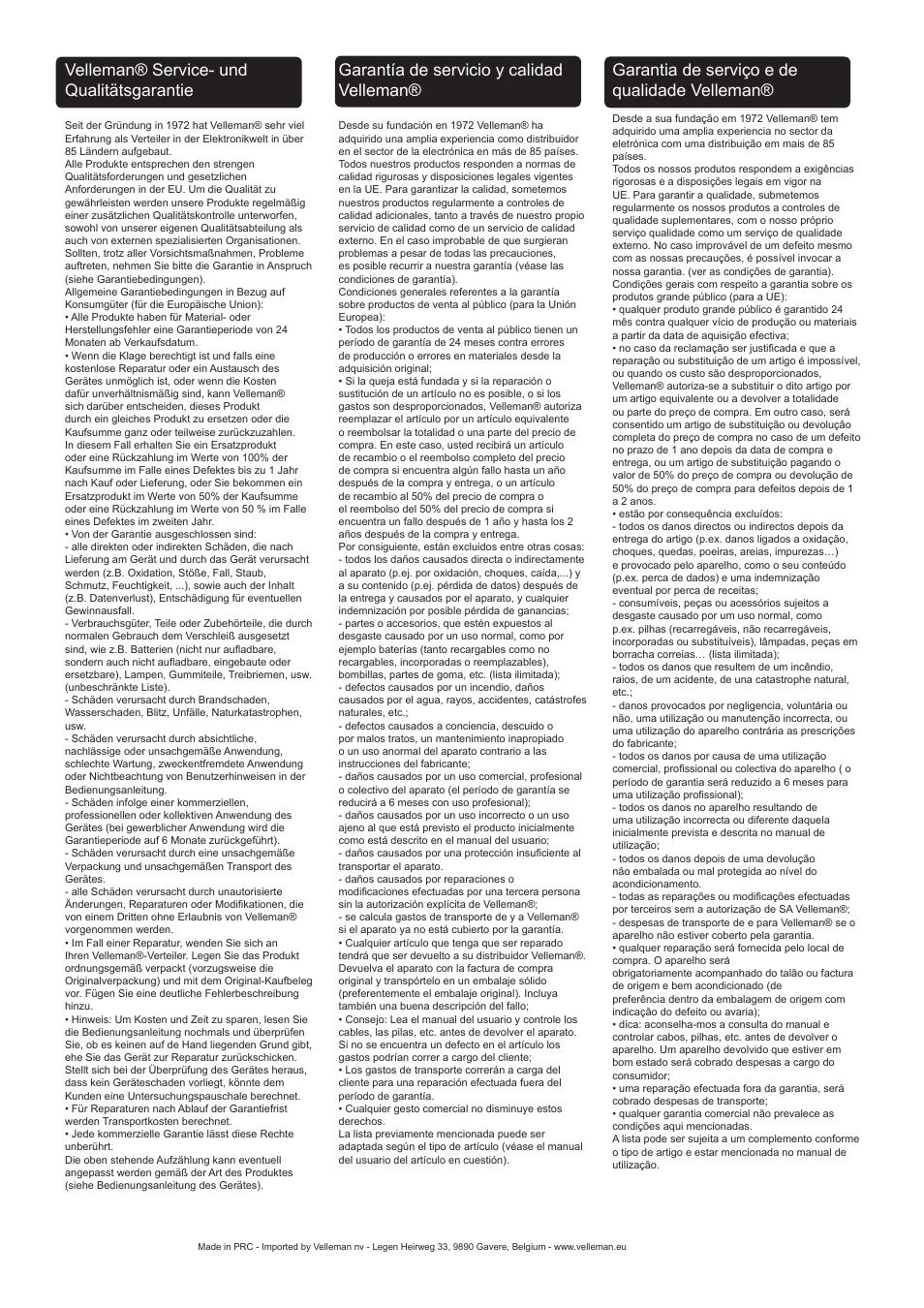Velleman® service- und qualitätsgarantie, Garantía de servicio y calidad velleman, Garantia de serviço e de qualidade velleman | Velleman WB011 User Manual | Page 10 / 10
