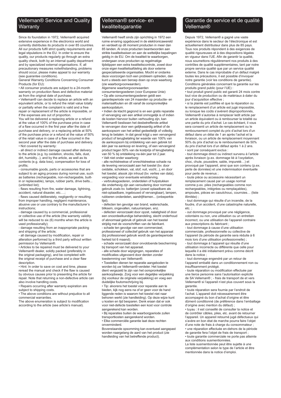 Velleman® service and quality warranty, Velleman® service- en kwaliteitsgarantie, Garant garantie de service et de qualité velleman | Velleman WB011 User Manual | Page 9 / 10