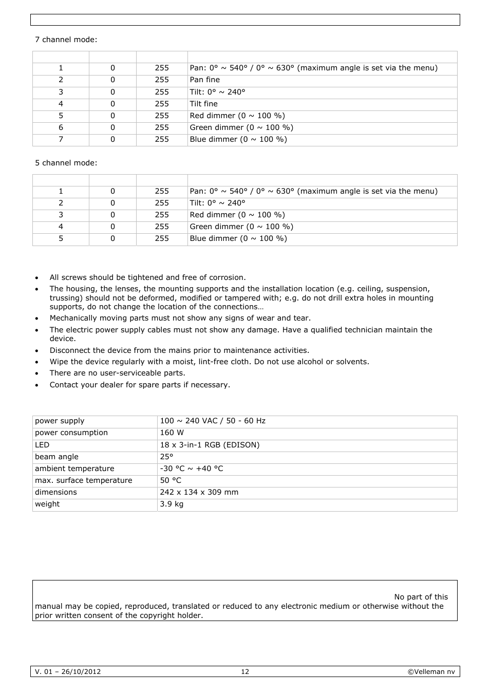 Cleaning and maintenance, Technical specifications | Velleman VDPL1803MHRGB User Manual | Page 12 / 57