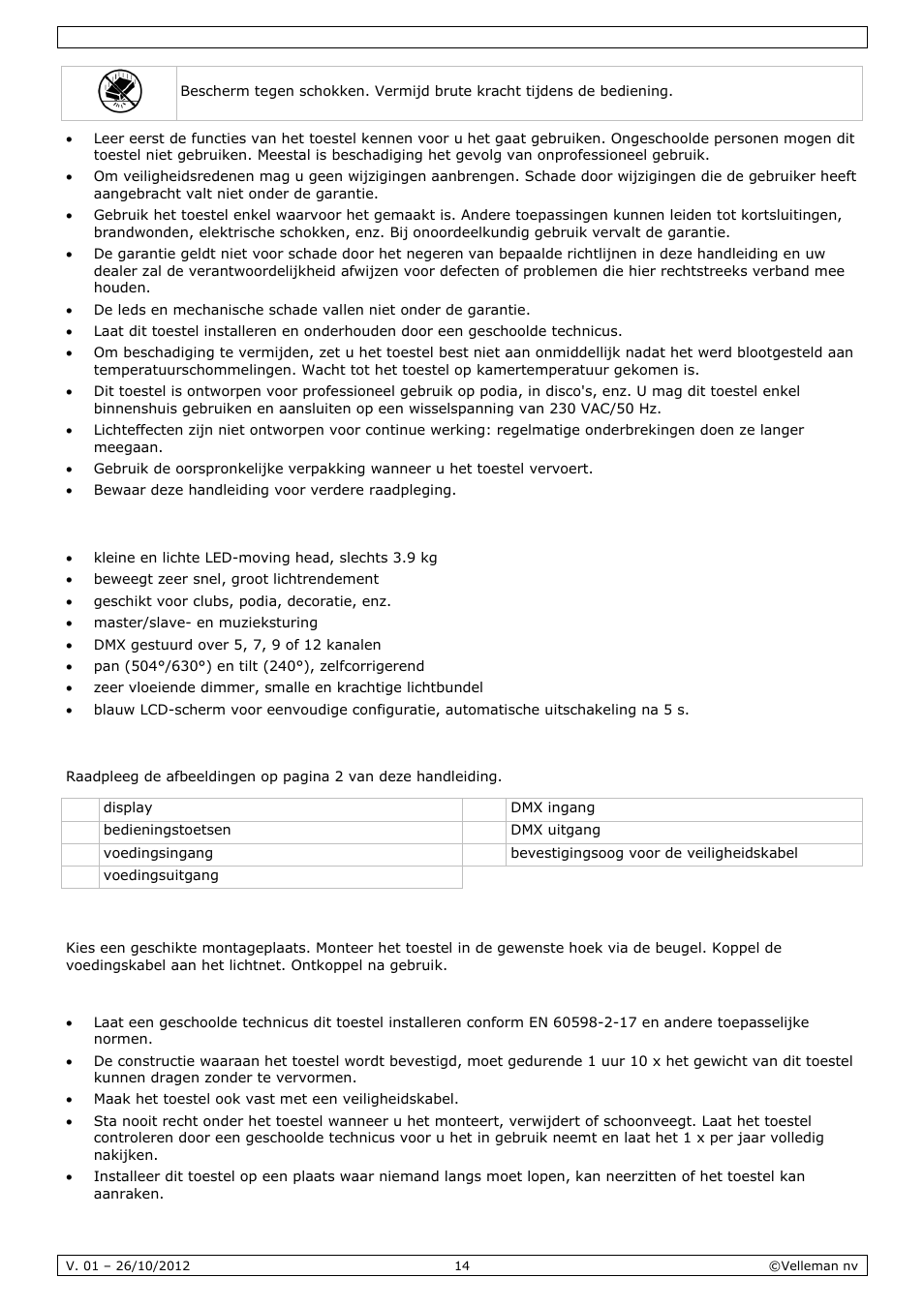 Eigenschappen, Omschrijving, Installatie | Velleman VDPL1803MHRGB User Manual | Page 14 / 57