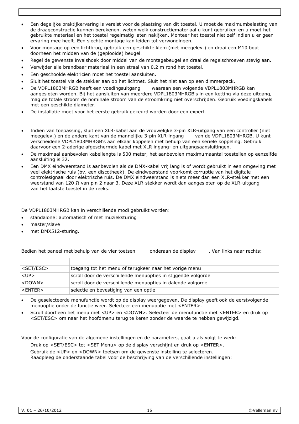 Gebruik | Velleman VDPL1803MHRGB User Manual | Page 15 / 57