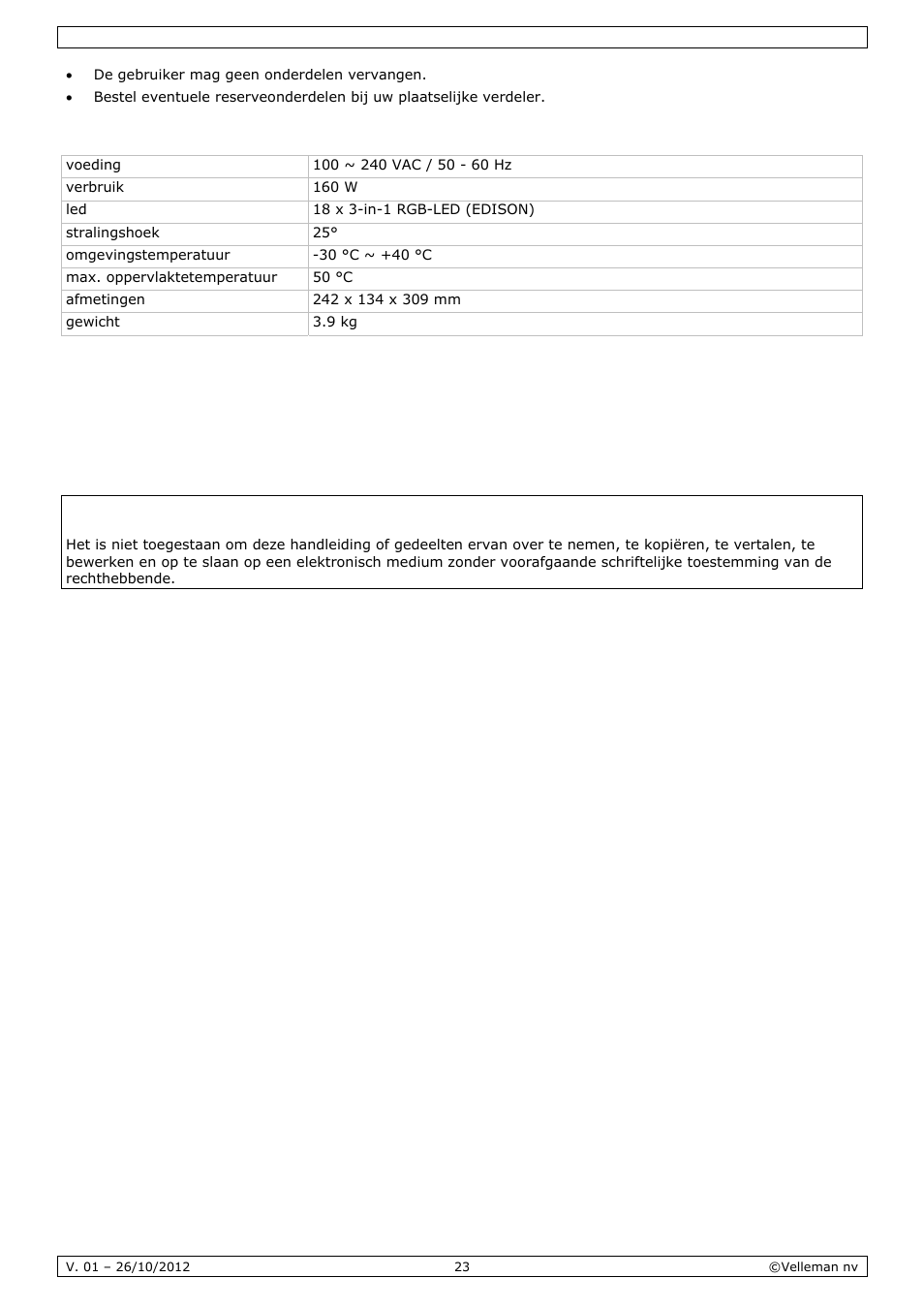 Technische specificaties | Velleman VDPL1803MHRGB User Manual | Page 23 / 57