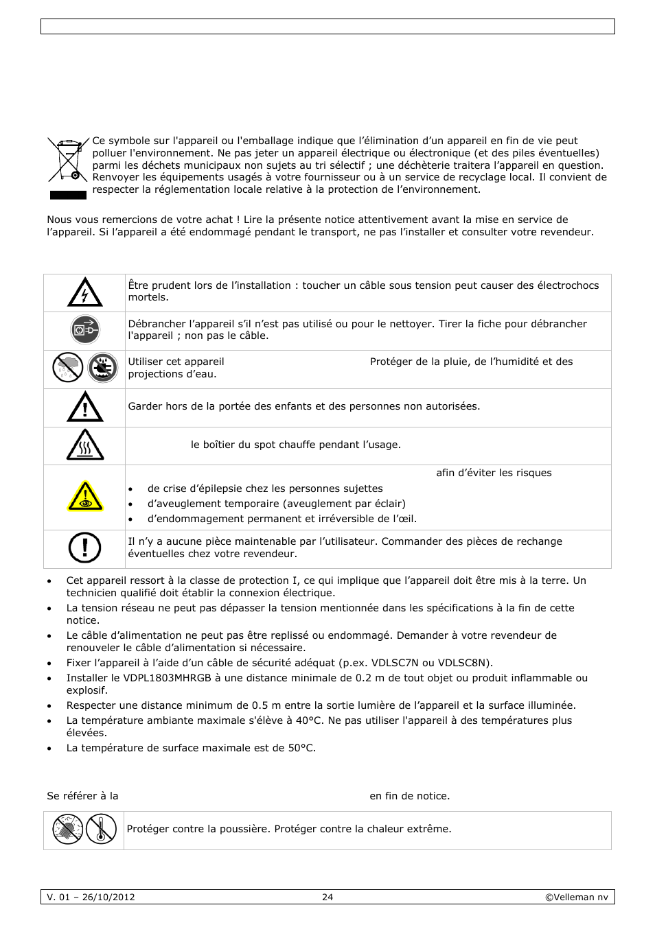 Mode d'emploi, Mode, E d’em | Mploi, Intro, Cons, Direc, Oduction, Signes de, Ctives gé | Velleman VDPL1803MHRGB User Manual | Page 24 / 57