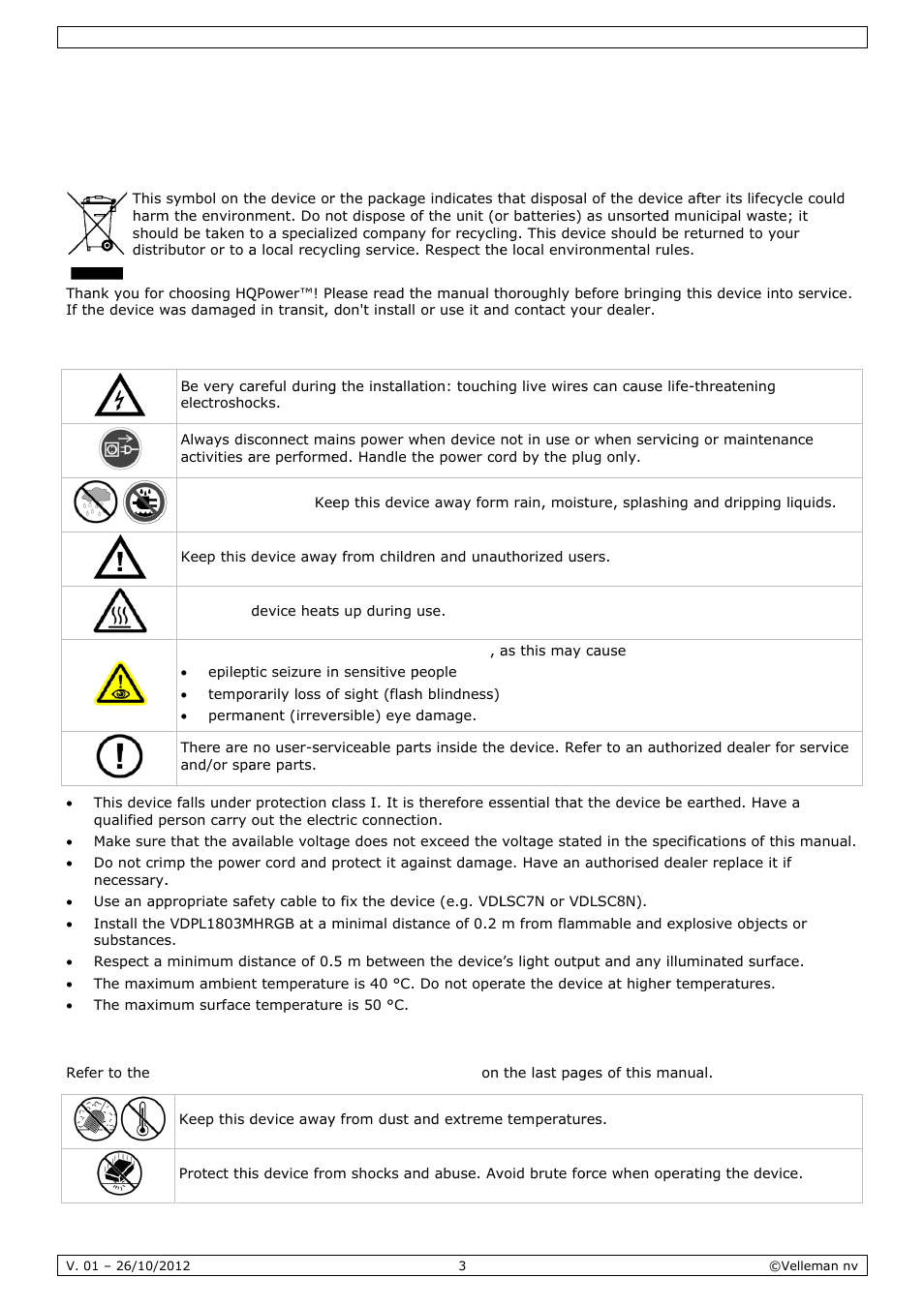 User manual, R man, Nual | Intro, Safet, Gene, Oduction, Ty instru, Eral guid, Uctions | Velleman VDPL1803MHRGB User Manual | Page 3 / 57