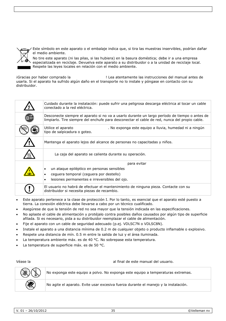 Manual del usuario, Anual, L del u | Usuar, Intro, Instr, Norm, Oducción, Ruccione, Mas gene | Velleman VDPL1803MHRGB User Manual | Page 35 / 57