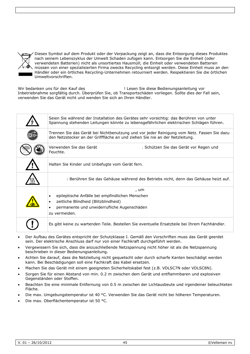 Bedienungsanleitung, Dienun, Ngsan | Nleitu, Einfü, Siche, Ührung, Erheitsh, Inweise | Velleman VDPL1803MHRGB User Manual | Page 45 / 57