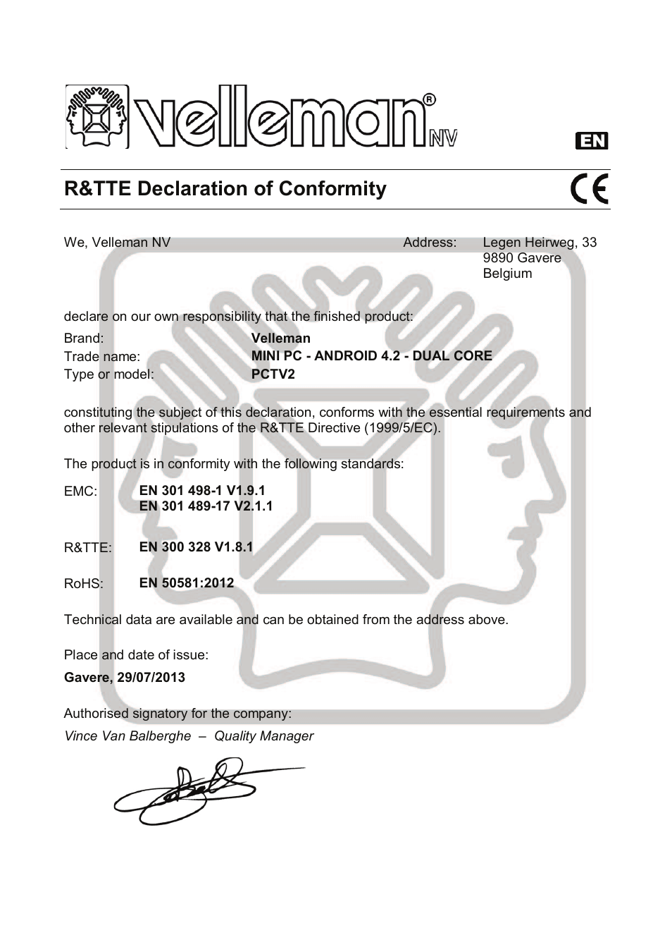 R&tte declaration of conformity | Velleman PCTV2 User Manual | Page 153 / 164