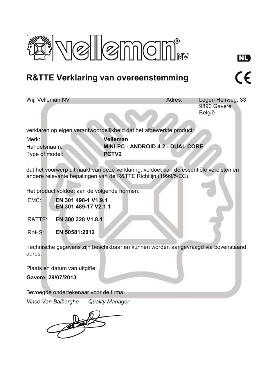 R&tte verklaring van overeenstemming | Velleman PCTV2 User Manual | Page 154 / 164