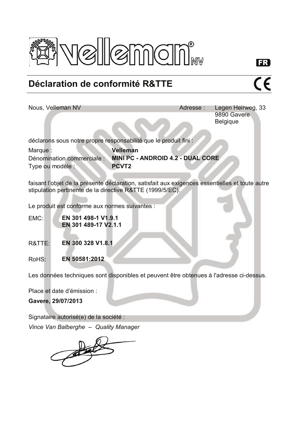 Déclaration de conformité r&tte | Velleman PCTV2 User Manual | Page 155 / 164